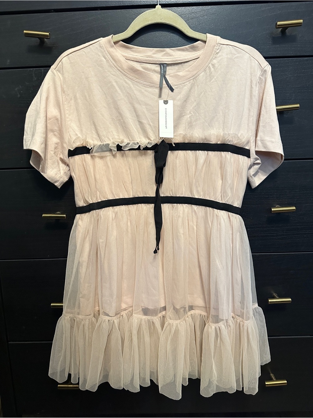 Anthropologie Blush Pink Short Sleeve Tulle Tunic with Black Ribbon Trim